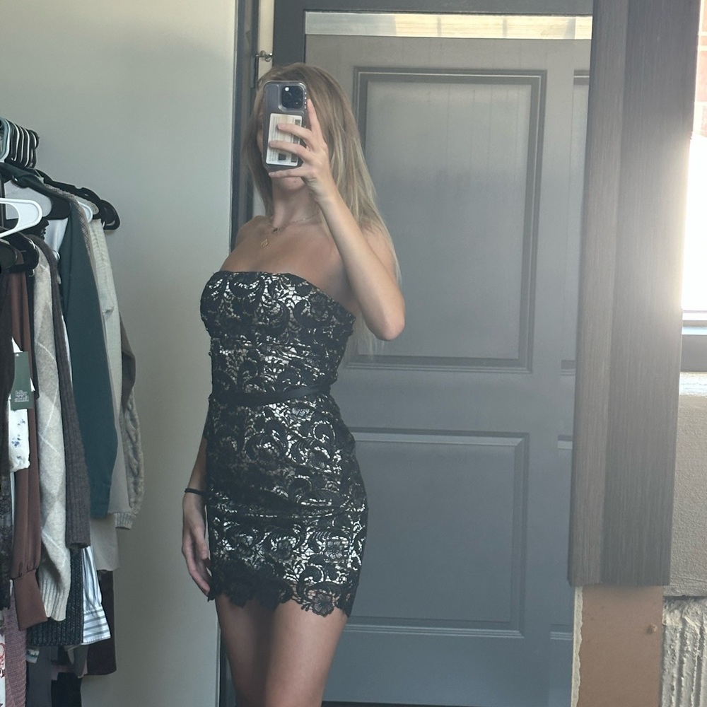 Strapless Black and Gold Lace Dress